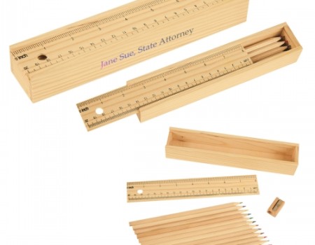 Colored Pencil Set In Wooden Ruler Box