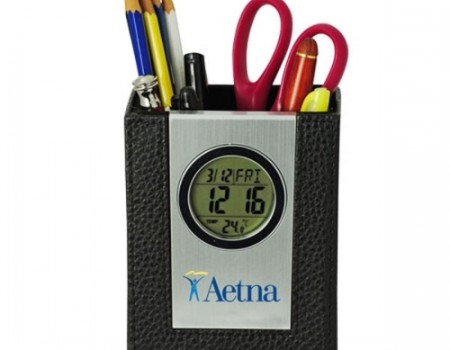 Leather Pen Holder with LCD Clock/Thermometer