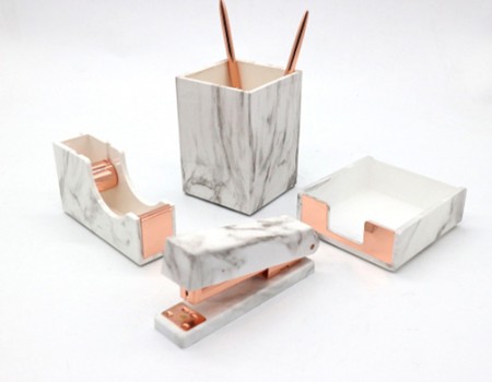 Marble White Desk Organizers Set Gold Stapler Staples Tape Dispenser Pen Holder