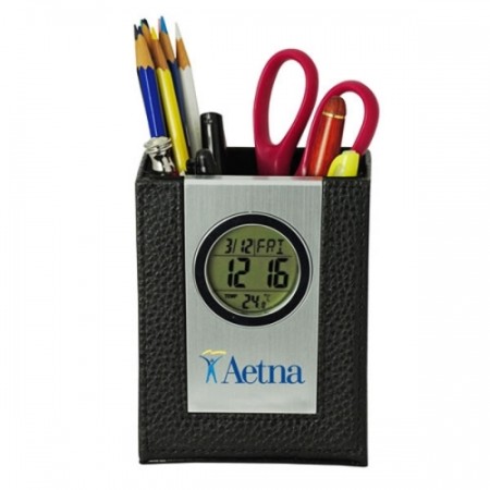 Leather Pen Holder with LCD Clock/Thermometer