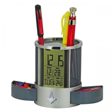 Metal Pen Holder with LCD Clock/Thermometer